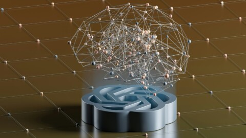 Abstract 3D visualization of a neural network with interconnected nodes and lines hovering above a circular base, symbolizing artificial intelligence reasoning and complex data connections in enterprise intelligence.