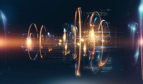 Abstract digital visualization showing glowing concentric rings and flowing data streams, representing advanced quantum-resistant cryptography and futuristic cybersecurity technology.