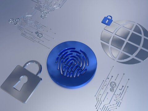 Blue digital fingerprint icon surrounded by a silver padlock and globe symbols with circuit patterns, representing biometric security and global cybersecurity technology.