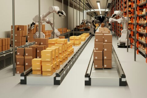 Automated micro-fulfillment center with robotic arms packing boxes on conveyor belts for rapid order delivery in a dark store warehouse