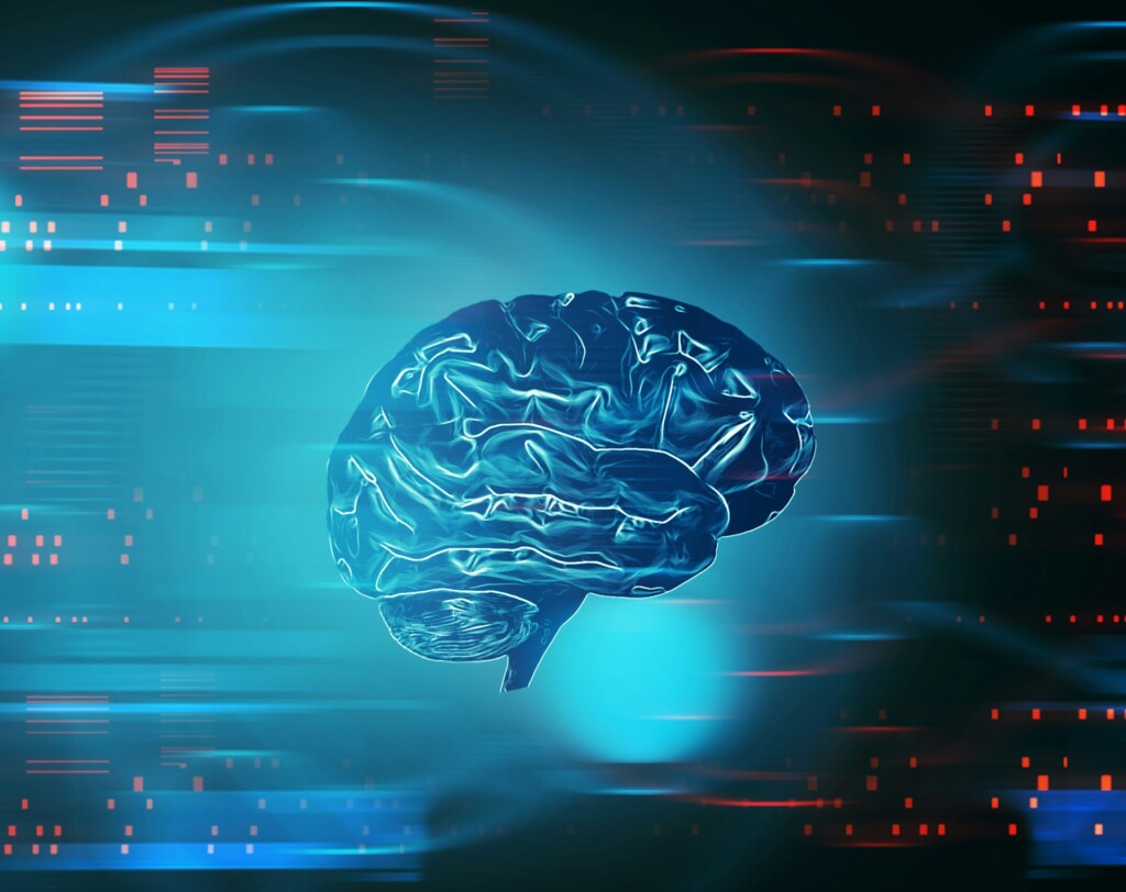 Digital illustration of a glowing blue brain surrounded by neural network connections representing brain-computer interface technology and future neuroinnovation