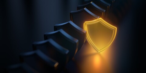 Row of black shields with one glowing golden shield symbolizing breakthrough cybersecurity protection and advanced defense architecture