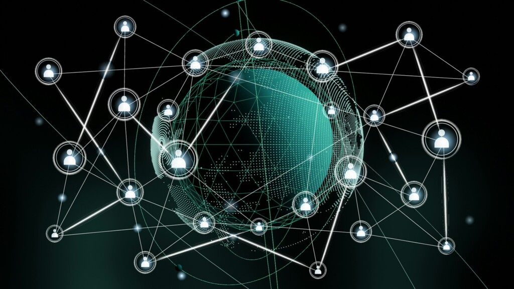 A digital representation of a global network showing interconnected user icons and data nodes, symbolizing decentralized edge computing and SaaS platform connectivity.