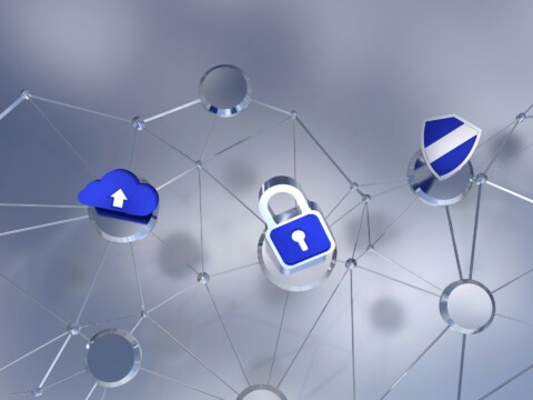 Network of connected digital nodes featuring a blue cloud, padlock, and shield icons representing AI-powered adaptive cyber resilience and real-time enterprise security.