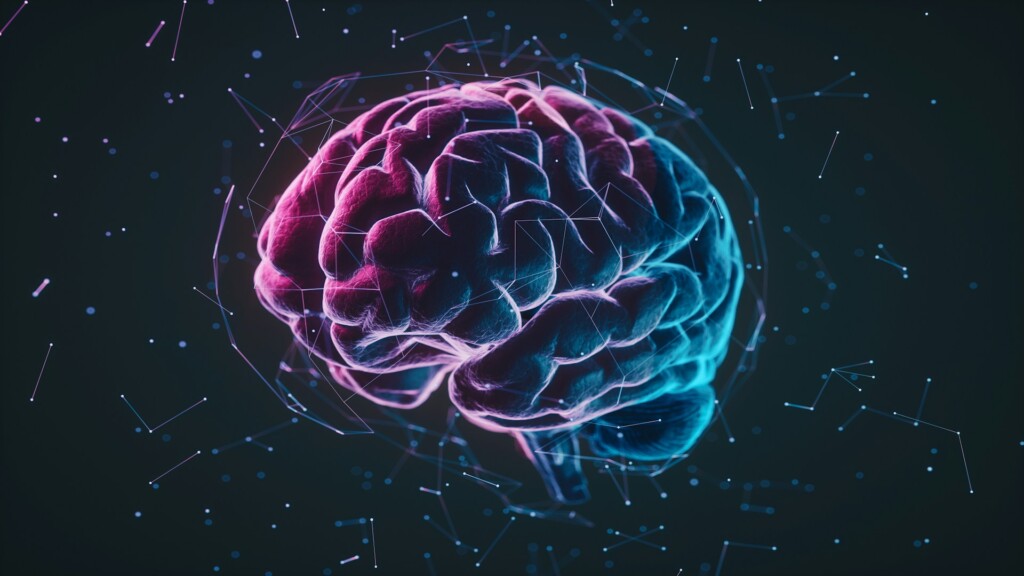 Futuristic rendering of a human brain with digital neural network connections, symbolizing AI-driven brain-computer interfaces and neurotechnology advancements in 2025.