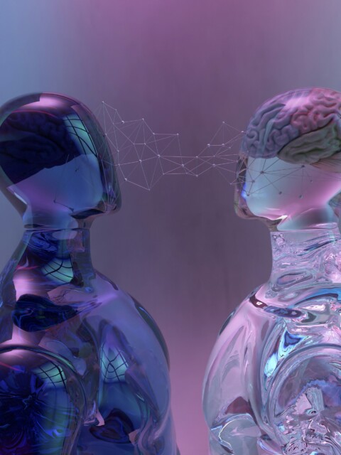 Abstract visual showing two translucent humanoid figures connected by a network, symbolizing AI-powered digital twins and real-time business simulation in 2025.