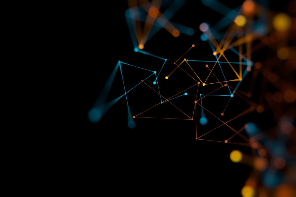 Abstract digital visualization of a modular AI ecosystem, showing interconnected glowing nodes and lines symbolizing collaborative artificial intelligence models on a black background.