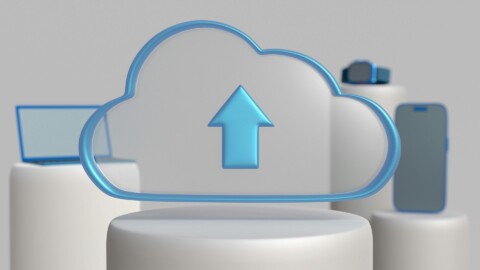 Transparent blue cloud icon with upward arrow symbolizing data upload in cloud computing environment, representing Data-as-a-Service in SaaS 2025