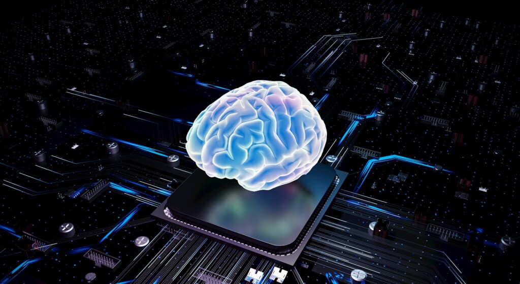 Abstract digital brain glowing over a computer chip on a circuit board, symbolizing advanced generative AI technology and automation in 2025.
