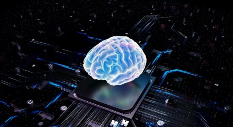 Abstract digital brain glowing over a computer chip on a circuit board, symbolizing advanced generative AI technology and automation in 2025.