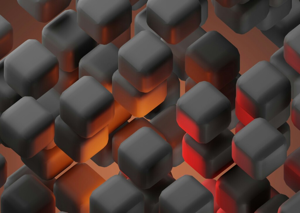 3D illustration of metamaterial lattice structure with dark cubes and glowing accents representing advanced engineered materials used in 2025 technology innovation