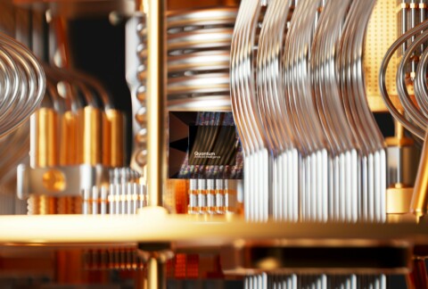Close-up view of a quantum computing processor with golden wires and futuristic circuits, labeled Quantum Artificial Intelligence.
