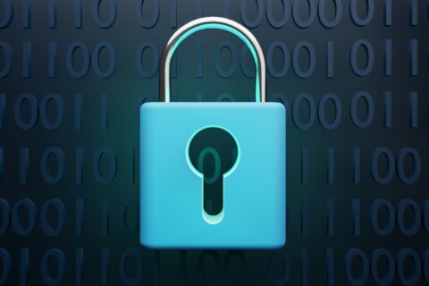 Blue padlock representing AI-driven cybersecurity protection and trust in a digital environment with binary code background.