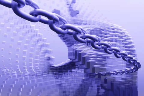Abstract digital chain symbolizing blockchain technology and secure supply chain transparency in SaaS, featuring interconnected blocks and a futuristic network background.