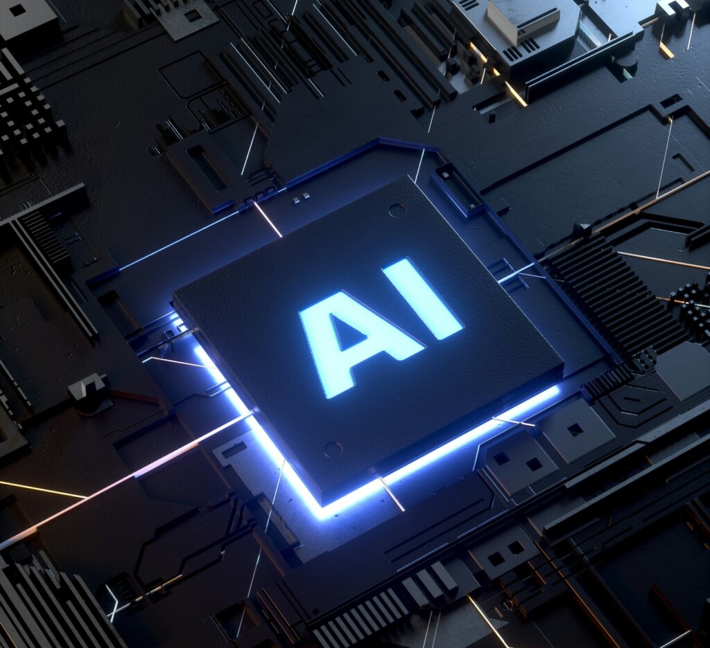 Glowing AI processor chip on a dark circuit board representing explainable and agentic AI powering trusted decision intelligence.
