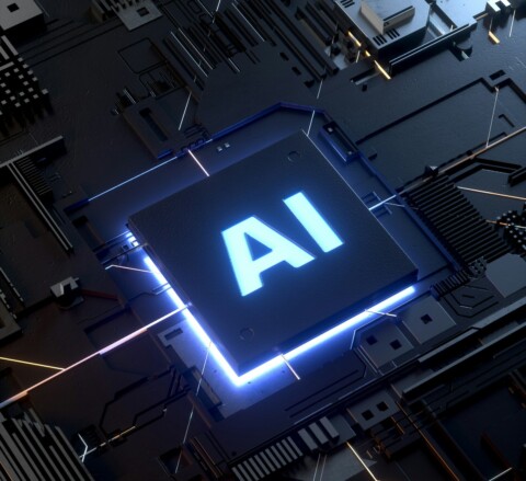 Glowing AI processor chip on a dark circuit board representing explainable and agentic AI powering trusted decision intelligence.