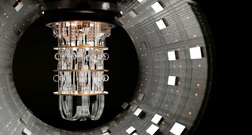 Advanced quantum computer processor with intricate wiring inside a cylindrical metal chamber, showcasing cutting-edge technology used in quantum computing research and development.