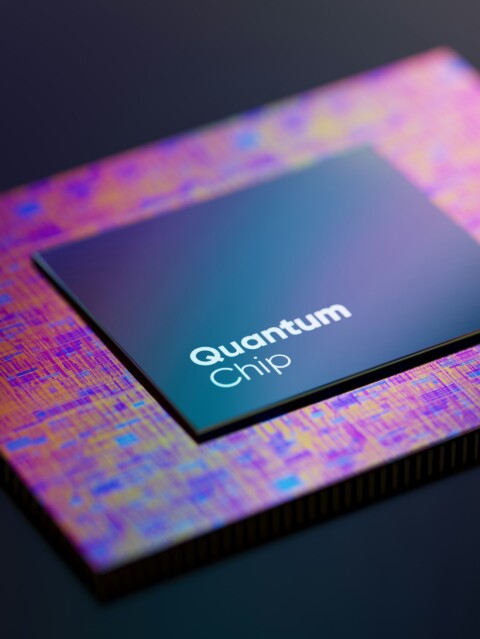 Close-up of a quantum computing chip with colorful circuit patterns, illustrating next-generation processing technology.
