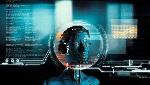 Futuristic humanoid robot with digital interface, data charts, and holographic overlays illustrating artificial intelligence and legal technology concepts.