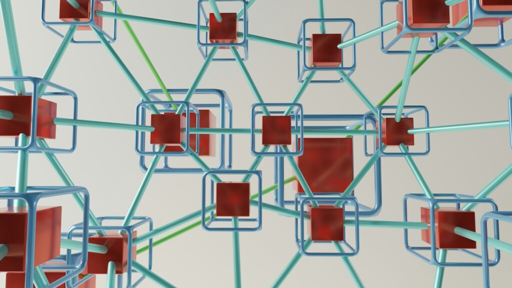 3D interconnected modular cubes forming a flexible API network, representing composable SaaS architectures in 2026.