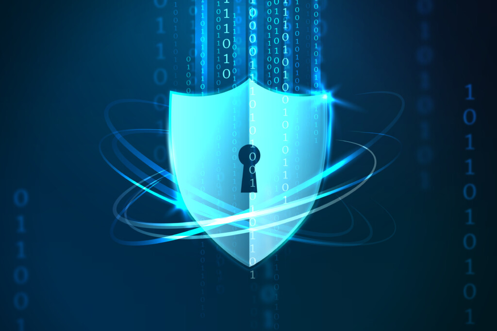 Glowing blue cybersecurity shield with key lock encircled by streaming binary code on dark digital background, representing zero-trust protection against API shadows and threats in 2026.