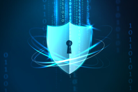 Glowing blue cybersecurity shield with key lock encircled by streaming binary code on dark digital background, representing zero-trust protection against API shadows and threats in 2026.