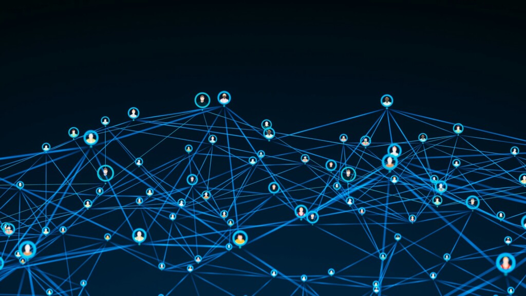 Abstract digital network of interconnected nodes and glowing blue links representing shadow infrastructure and small tech ecosystems in frontier markets, 2025.​